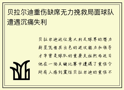 贝拉尔迪重伤缺席无力挽救局面球队遭遇沉痛失利